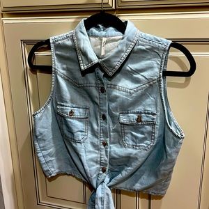 Truth brand denim crop top brown stitch accents with midriff tie